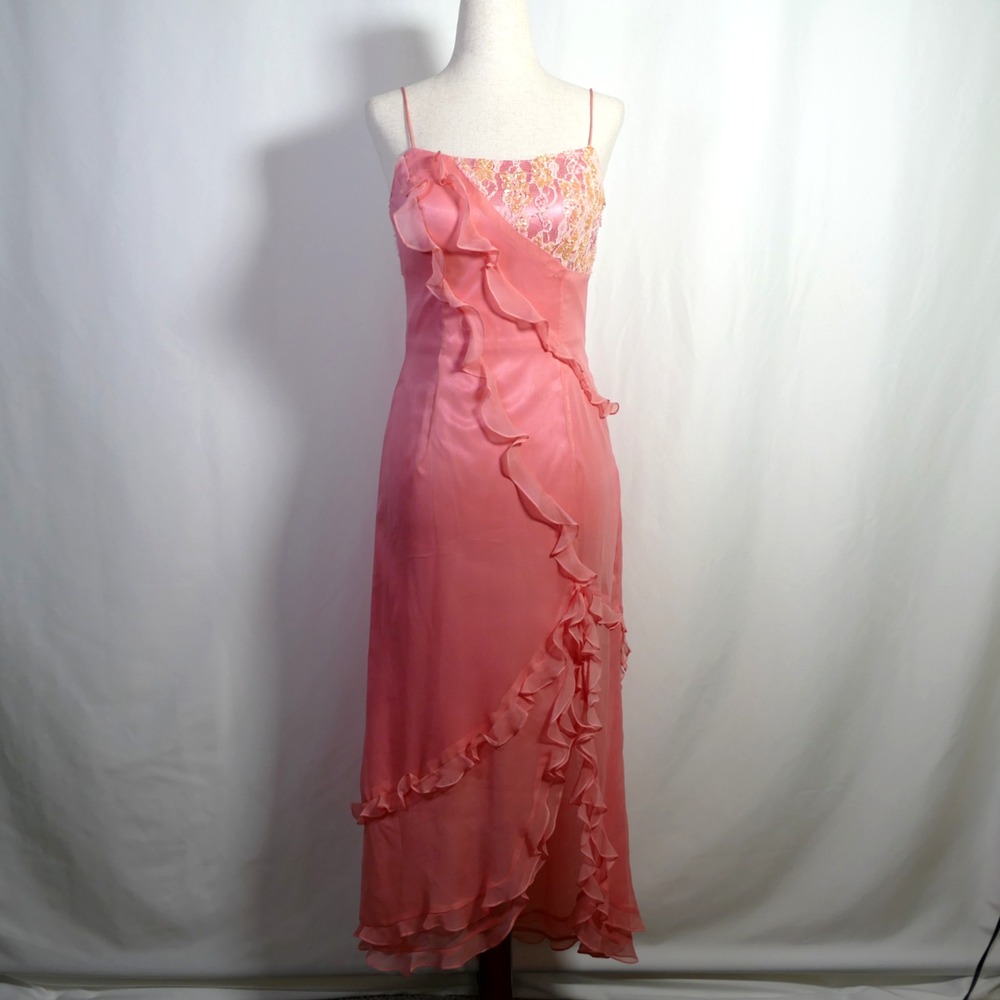 Jovani Beyond Y2K Silk Fairy Babydoll Midi Dress Size 2 Asymmetric Ruffle Beaded